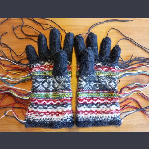 Gloves inside out, work in progress, ends ready to be woven in