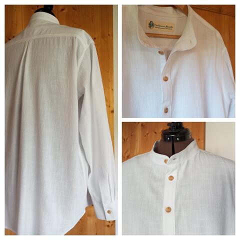 100% cotton, long sleeves, mandarin collar, wooden buttons