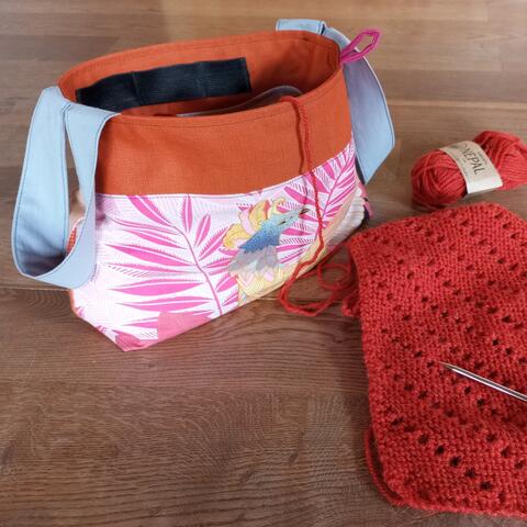 Knitting project bag made from upcycled material (outside - bird&flowers), different length handles